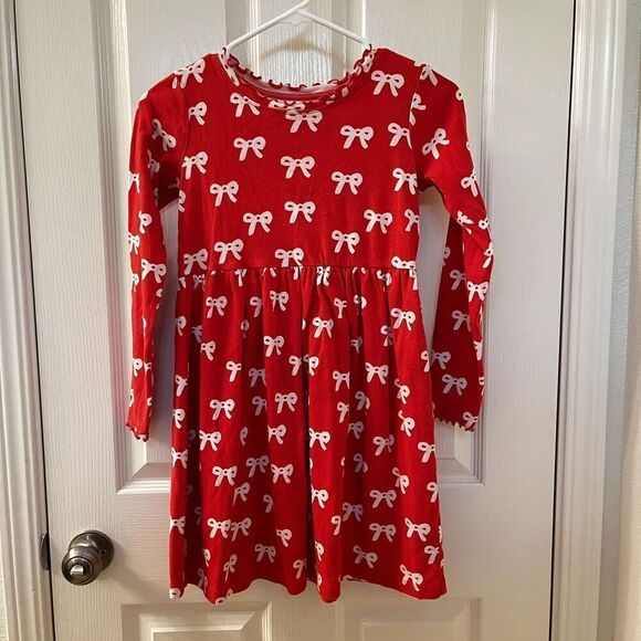 Hanna Andersson Bow Holiday Rib Dress Tangy Red 100% Cotton Girls Size 140 US 10 - Picture 1 of 14